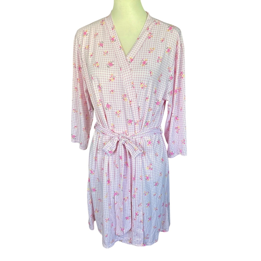 Laura Ashley Pink & White Gingham and Floral Short Bathrobe, Large, Cottagecore